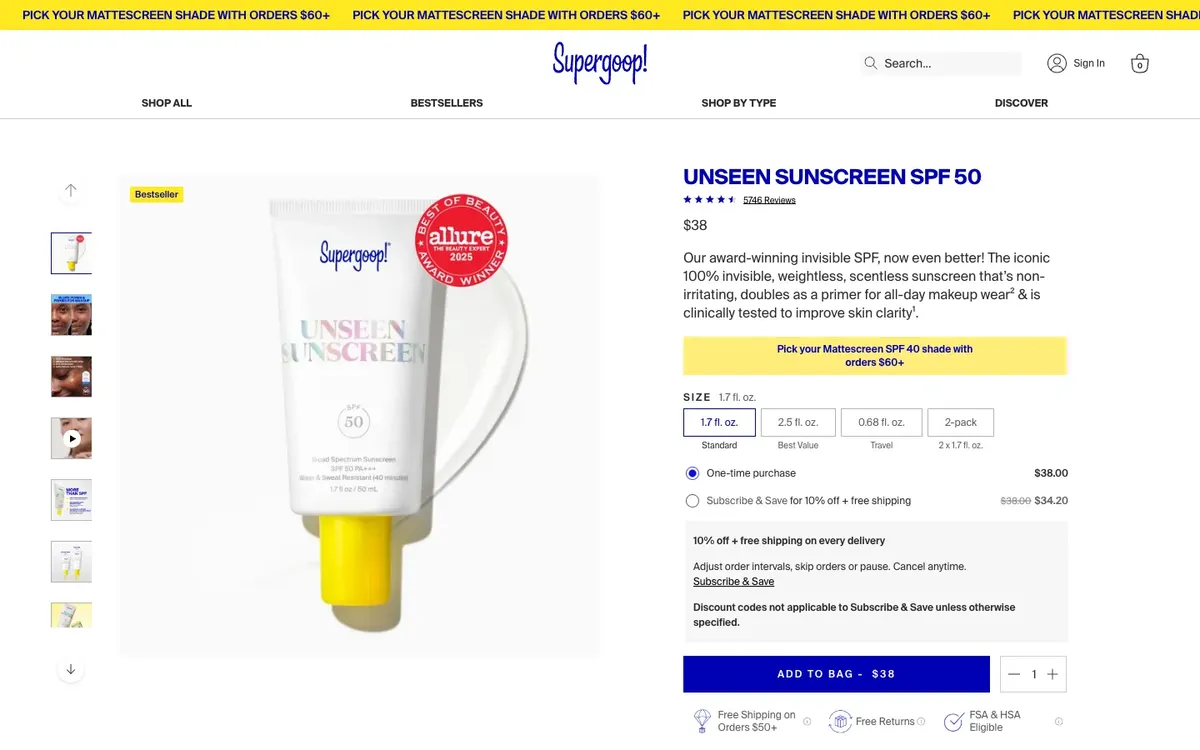 Supergoop product page with labelled size options and a subscribe and save choice