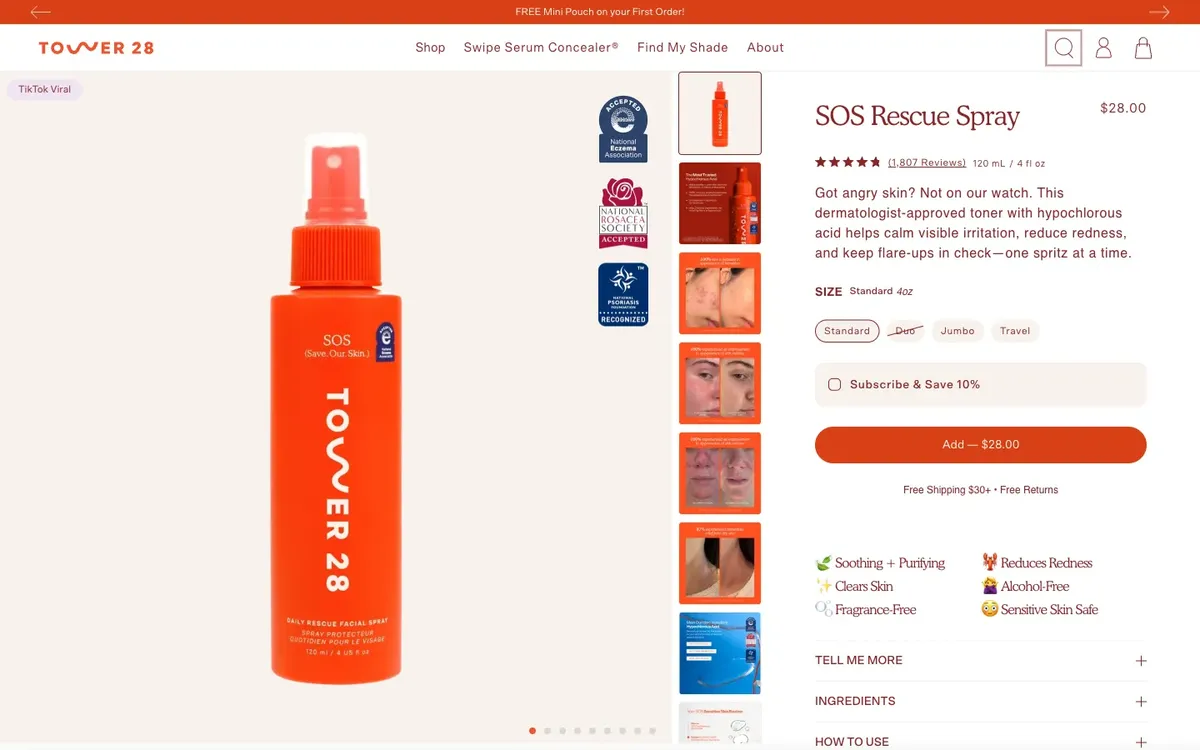 Tower 28 Beauty product page with certification badges on the image and a subscribe and save option