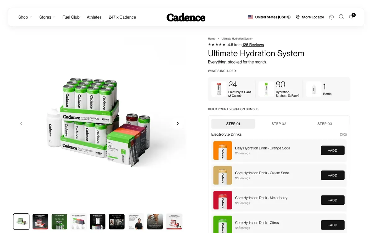 Cadence product page with a three-step bundle builder next to the product image