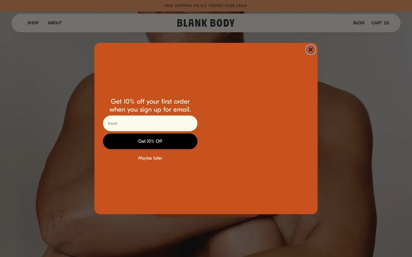 Blank Body email popup with a first-order discount and a Maybe later link