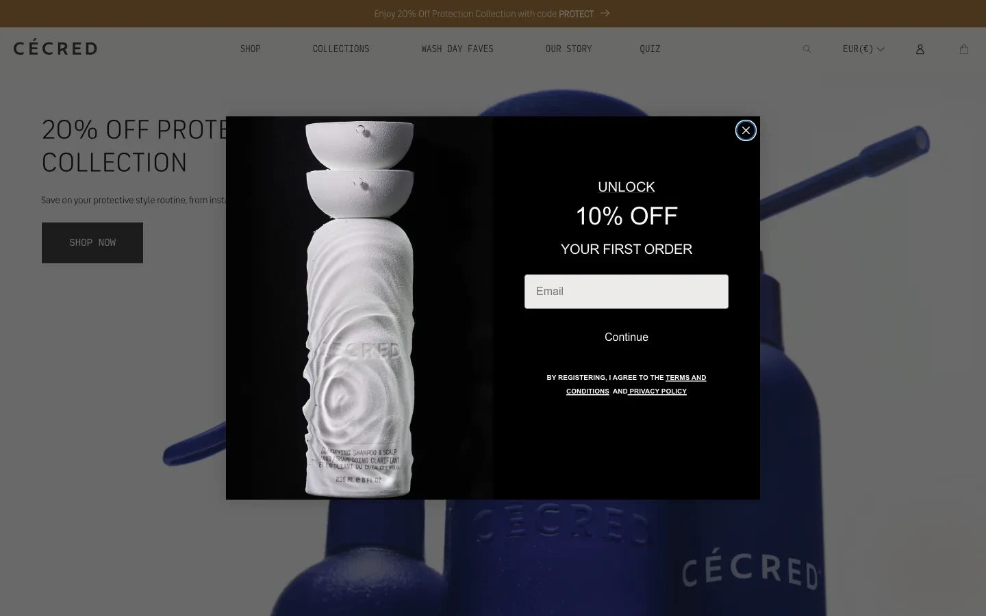 Cécred popup showing a product bottle, first-order offer and email field