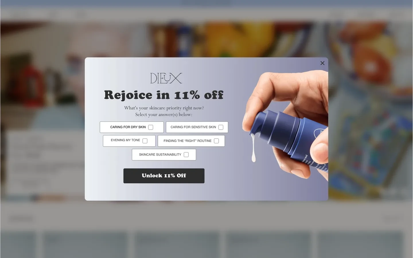 Dieux promotional popup with skincare-priority choices and an unlock-offer button