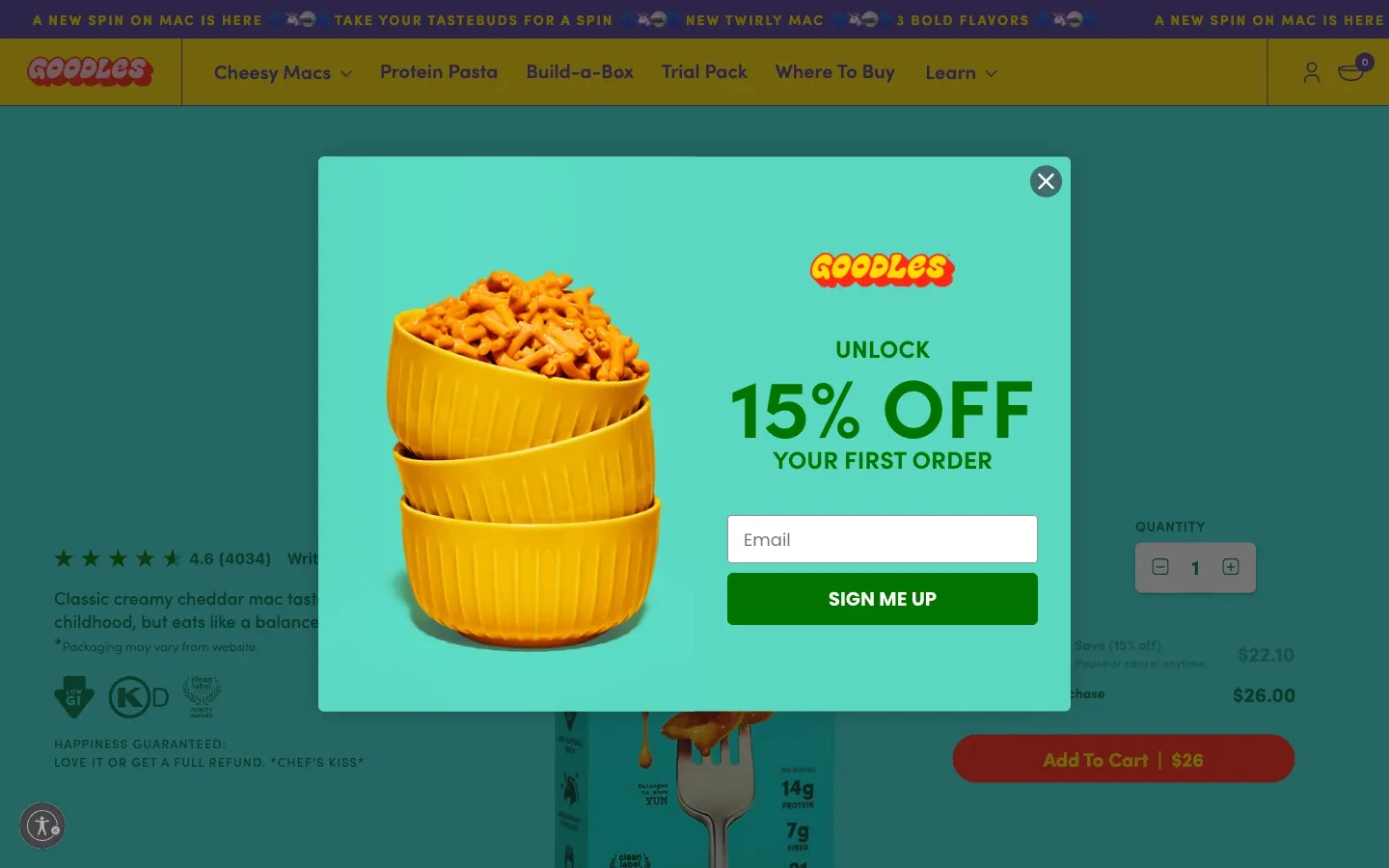 GOODLES signup popup with a bowl of macaroni, email field and first-order offer