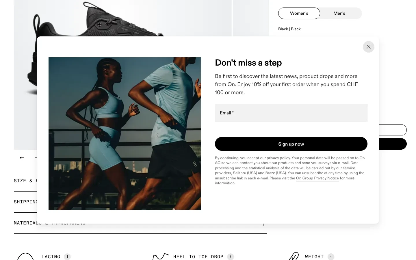 On signup popup with product-drop updates, a first-order discount and a minimum spend