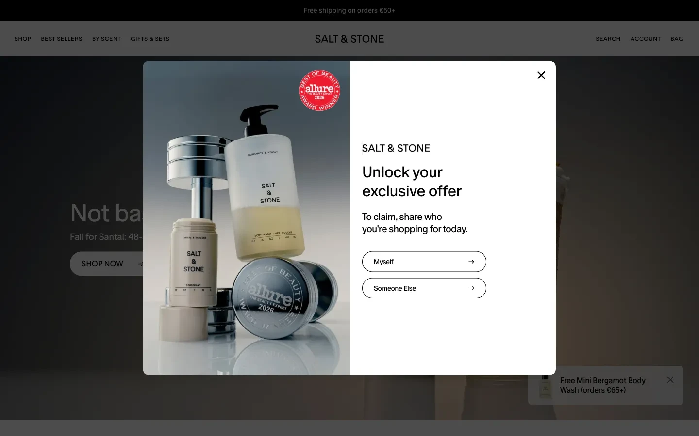Salt and Stone popup asking whether the visitor is shopping for themselves or someone else