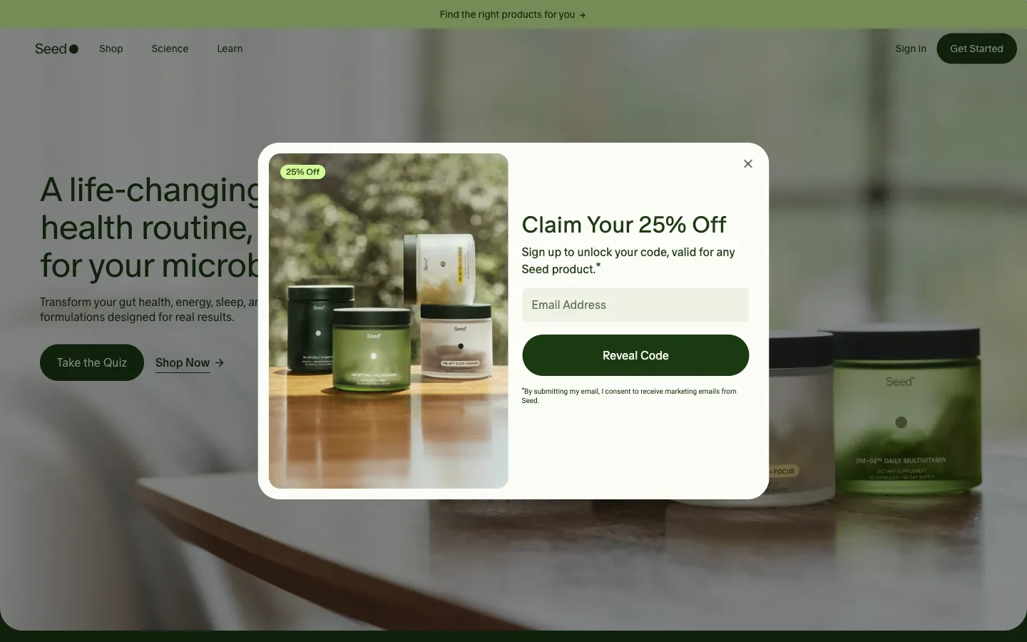Seed popup showing several products with an email field and Reveal Code button