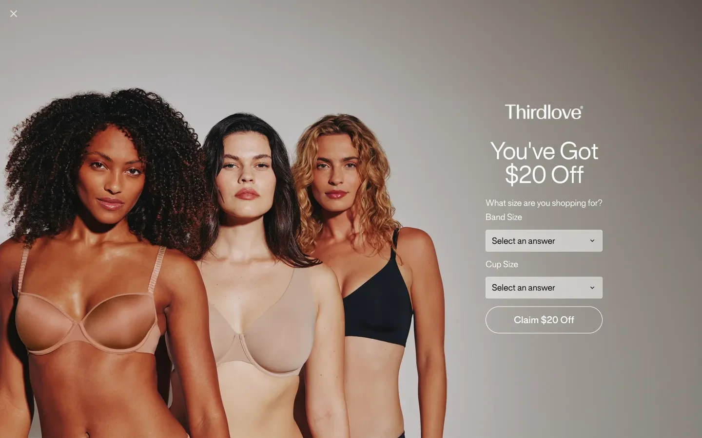 ThirdLove promotional popup asking for band size and cup size