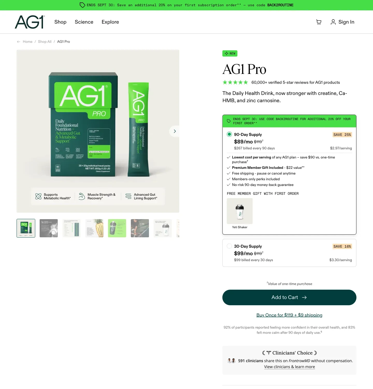 AG1 Pro product page comparing 90-day and 30-day supplies with billing amounts