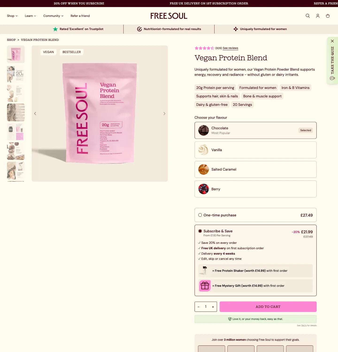 Free Soul protein page with subscription benefits, four-week delivery and first-order gifts