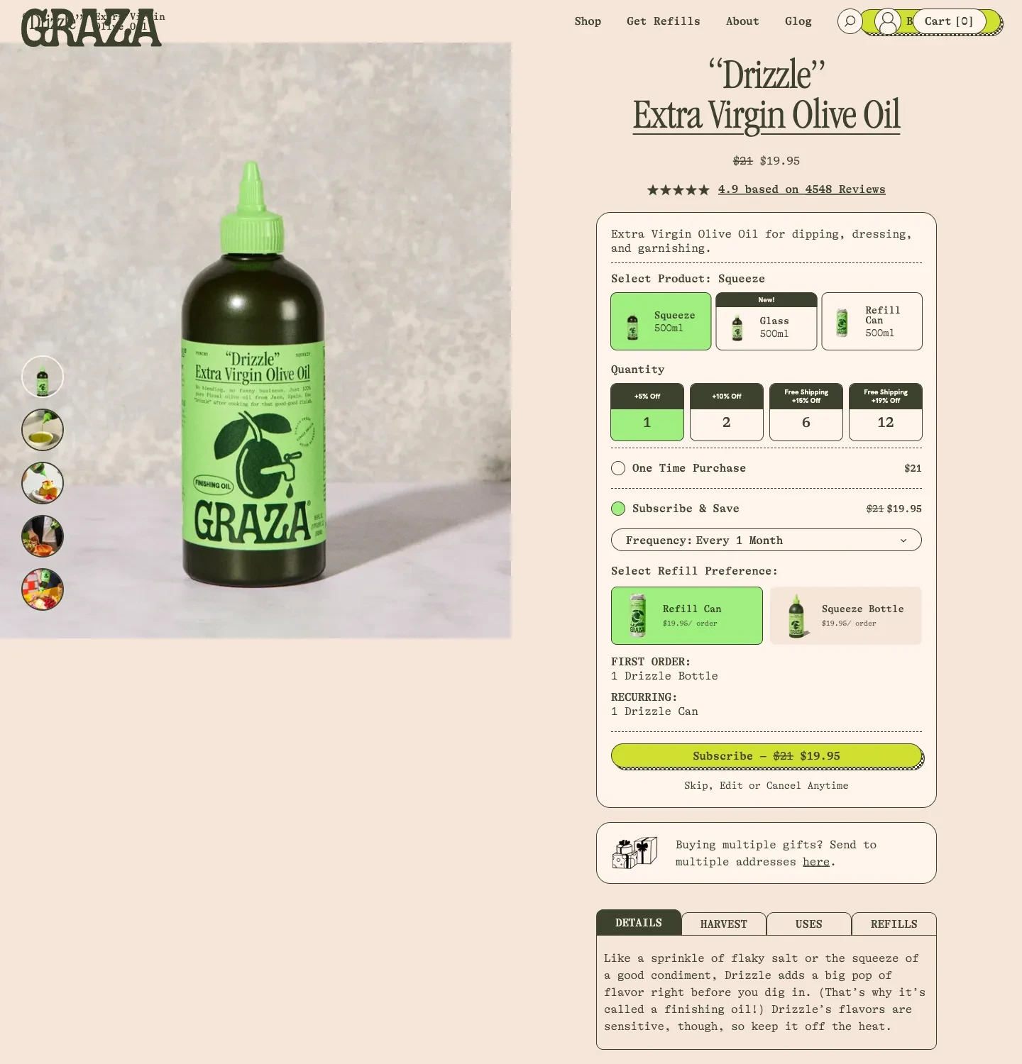 Graza Drizzle page with bottle format, delivery frequency and refill preference controls