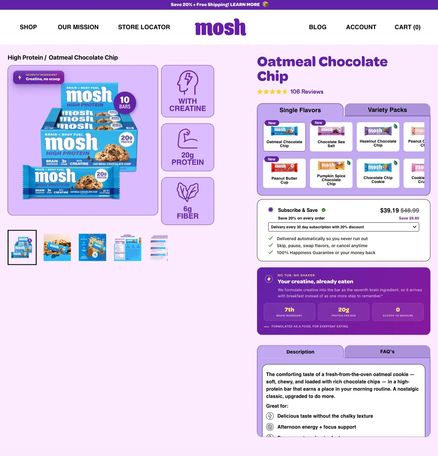 MOSH bar product page showing flavours, delivery schedule and skip or swap wording