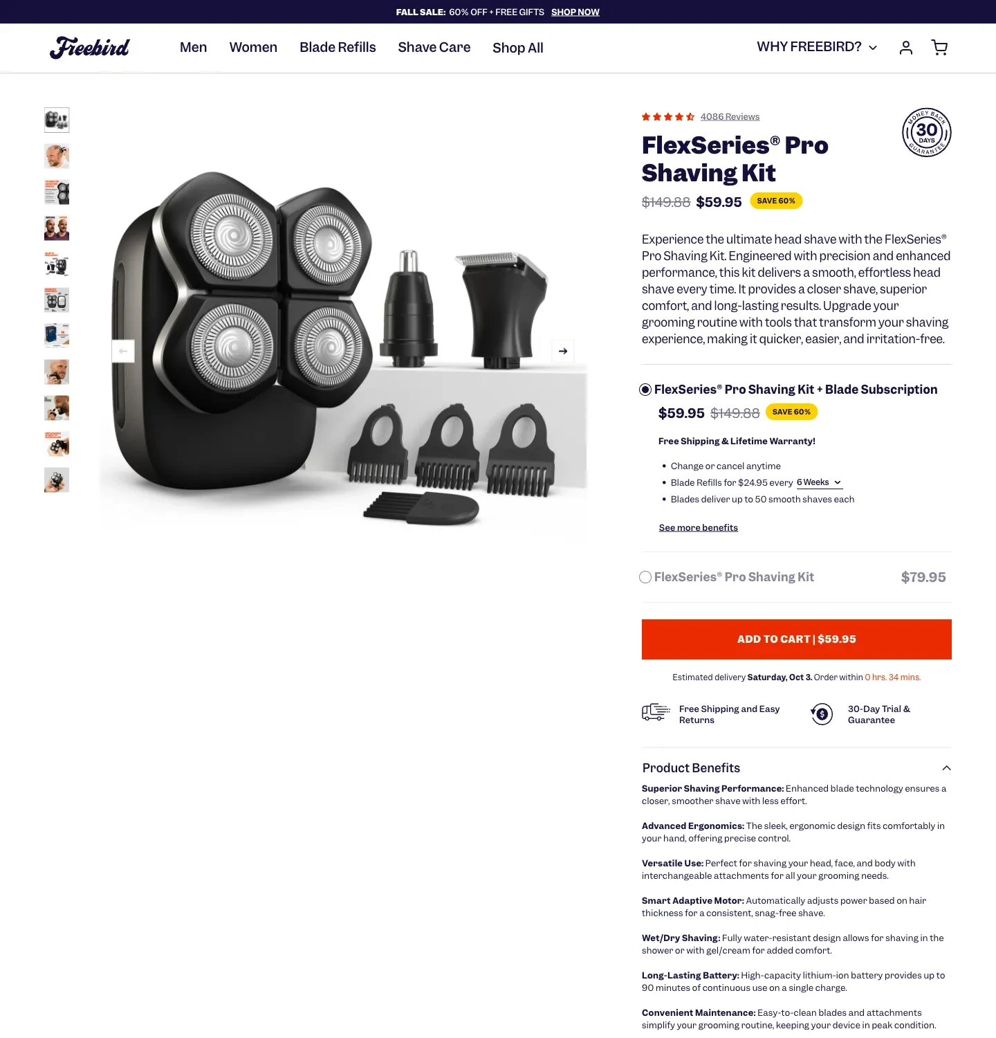 Freebird shaver kit page with a blade subscription and a separate kit-only option