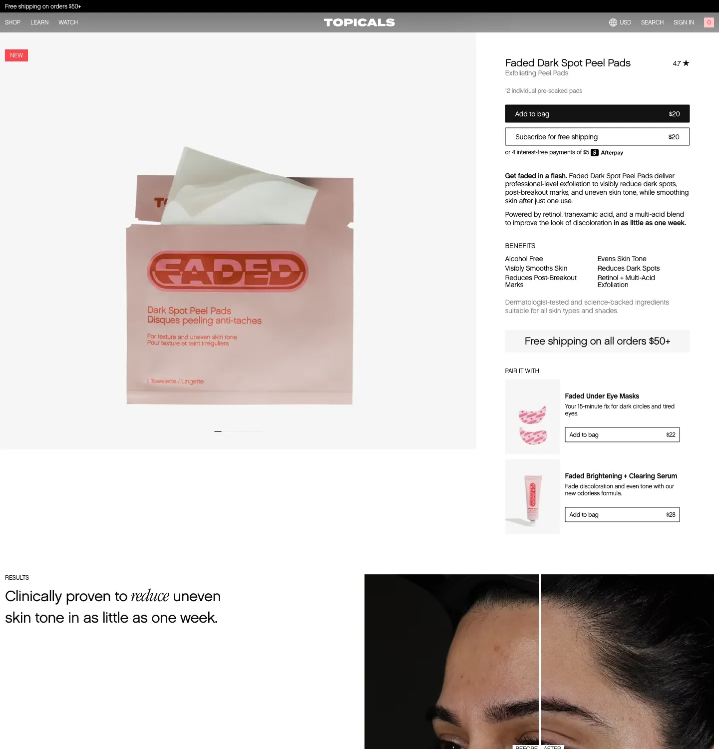 Topicals peel-pad page showing equal product prices for Add to bag and Subscribe for free shipping
