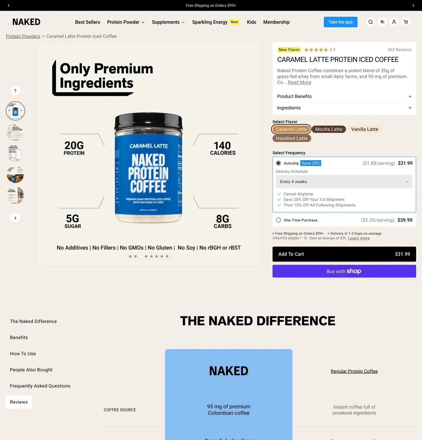 Naked Nutrition protein coffee page with Autoship, delivery schedule and first versus later shipment savings