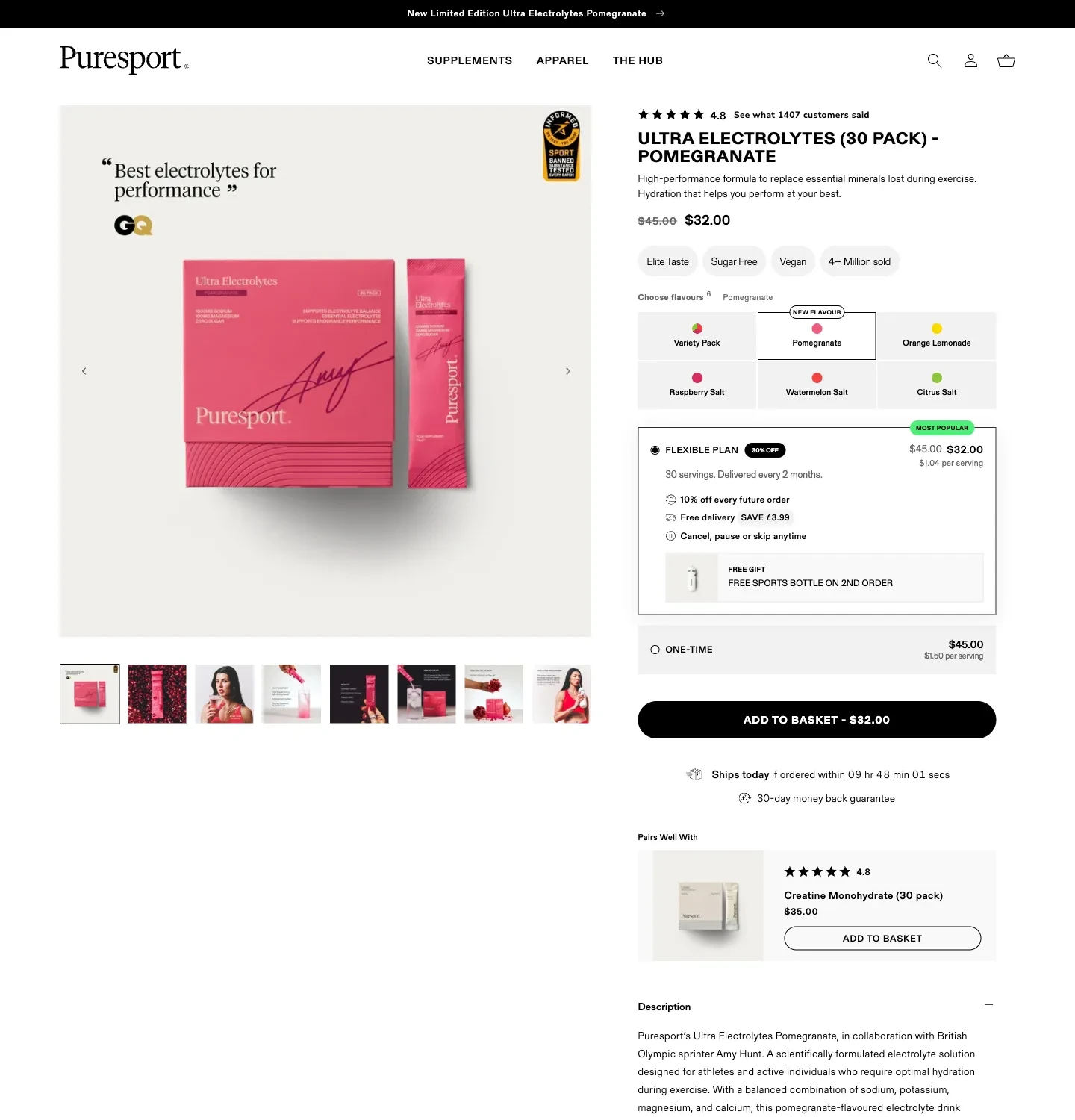 Puresport product page showing the flexible plan, future-order saving and second-order gift