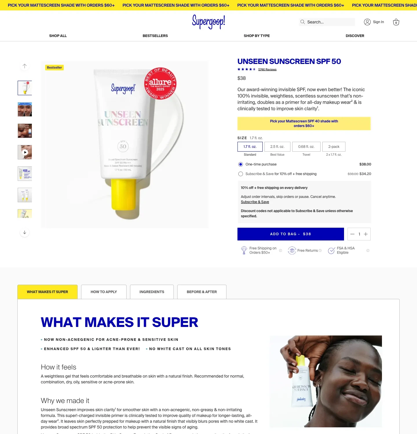 Supergoop Unseen Sunscreen page with size choices and separate one-time and subscription options
